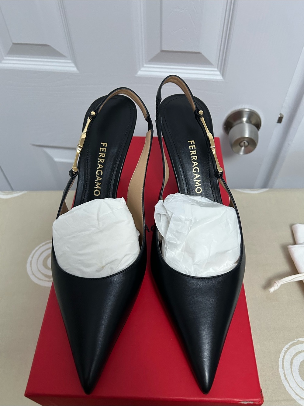 Salvatore Ferragamo Black Leather Pointed Slingback Pumps with Gold Hardware